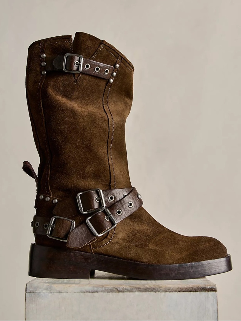 NWOB Free People We The Free Janey Engineer Boots in Olive Suede Green